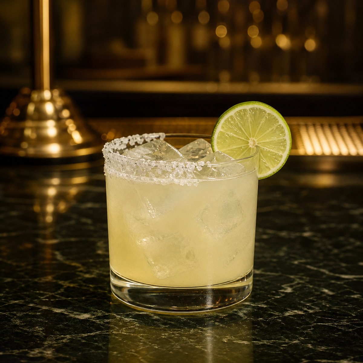 Margarita cocktail served in a rocks glass with lime wheel and optional salt rim