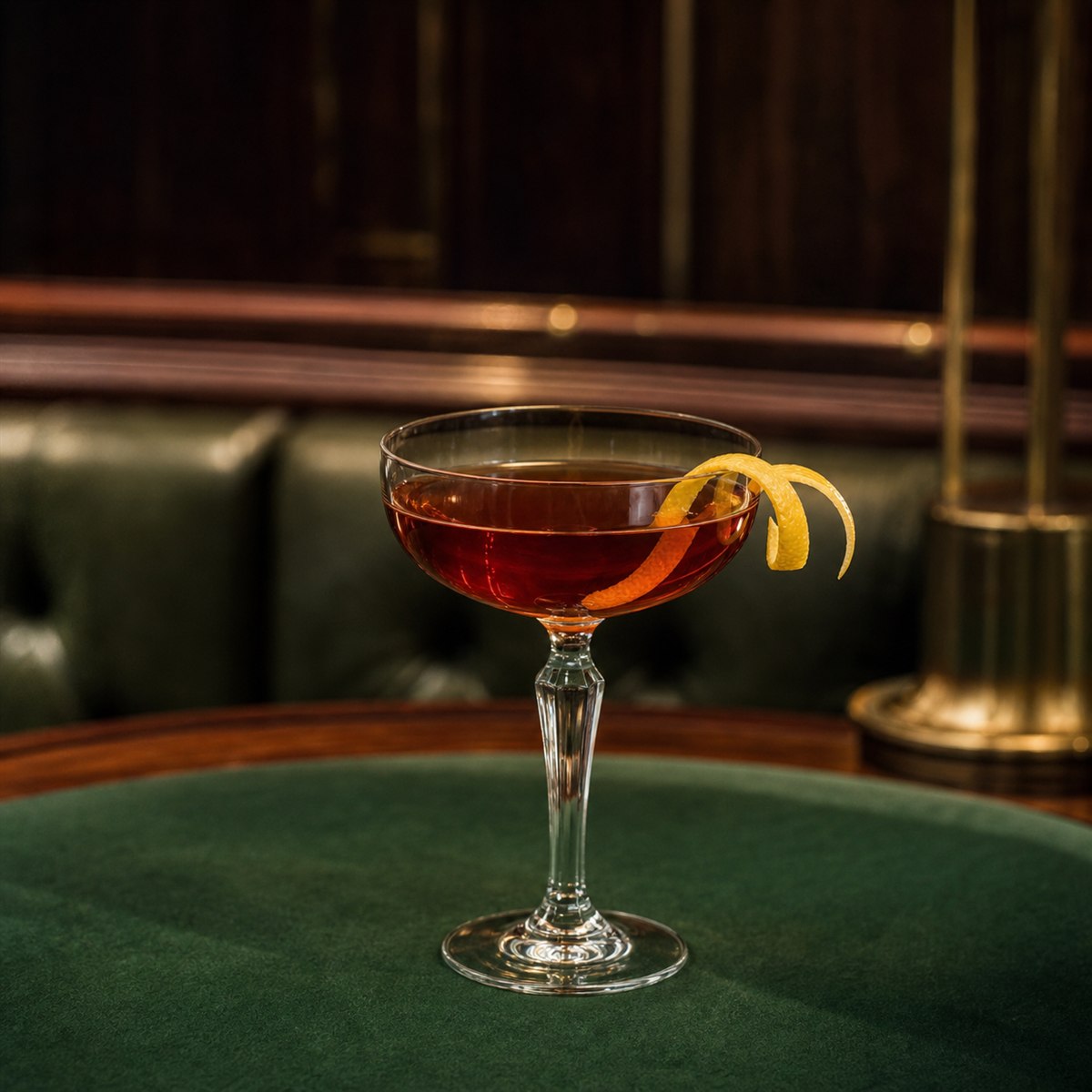 Martinez cocktail served in a chilled coupe with lemon twist