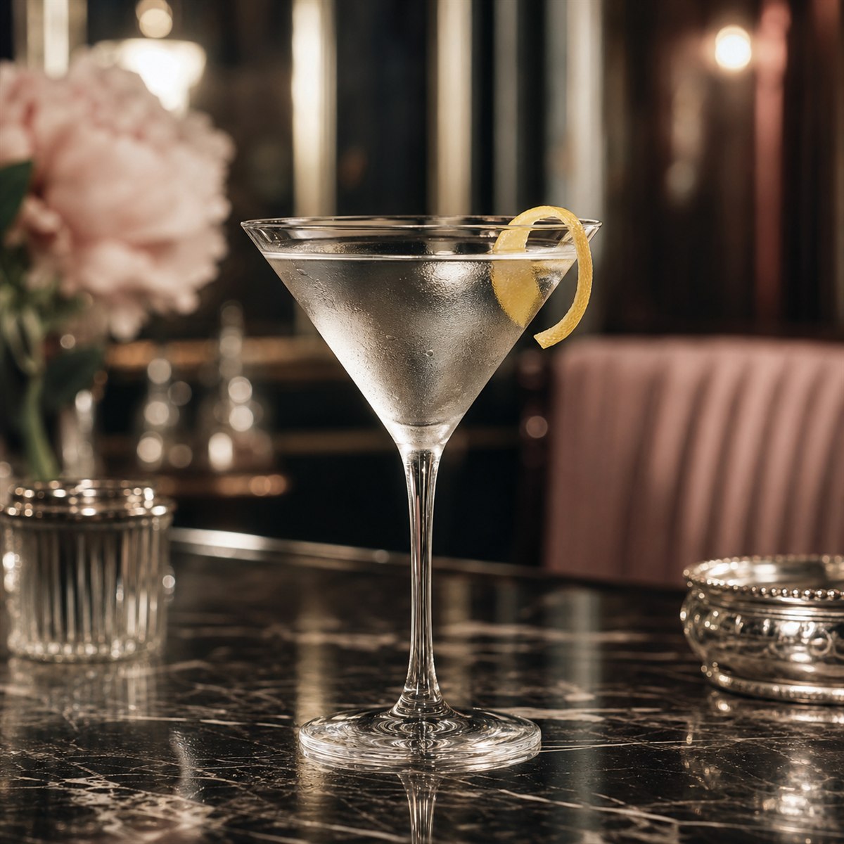 Martini cocktail served in a chilled martini glass with lemon twist or olive
