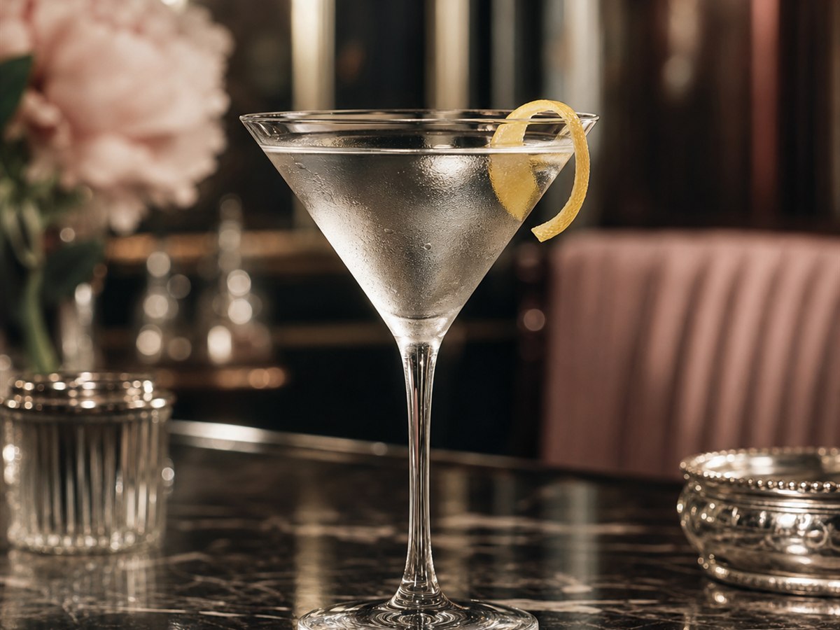 Martini cocktail served in a chilled martini glass with lemon twist or olive