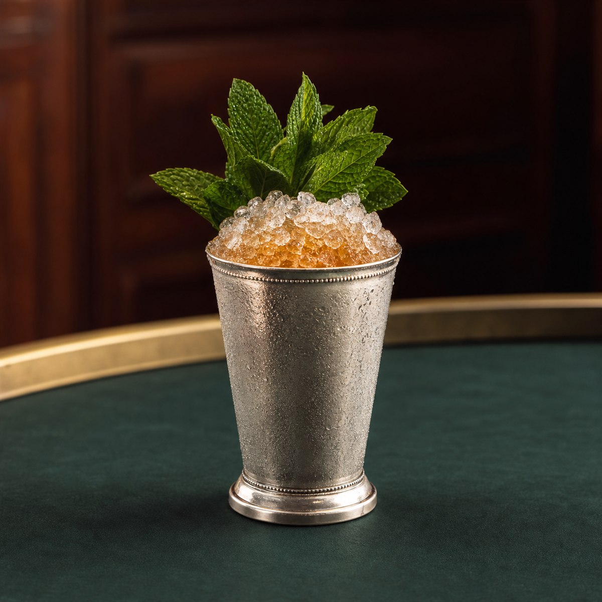 Mint Julep cocktail served in a julep cup with mint bouquet