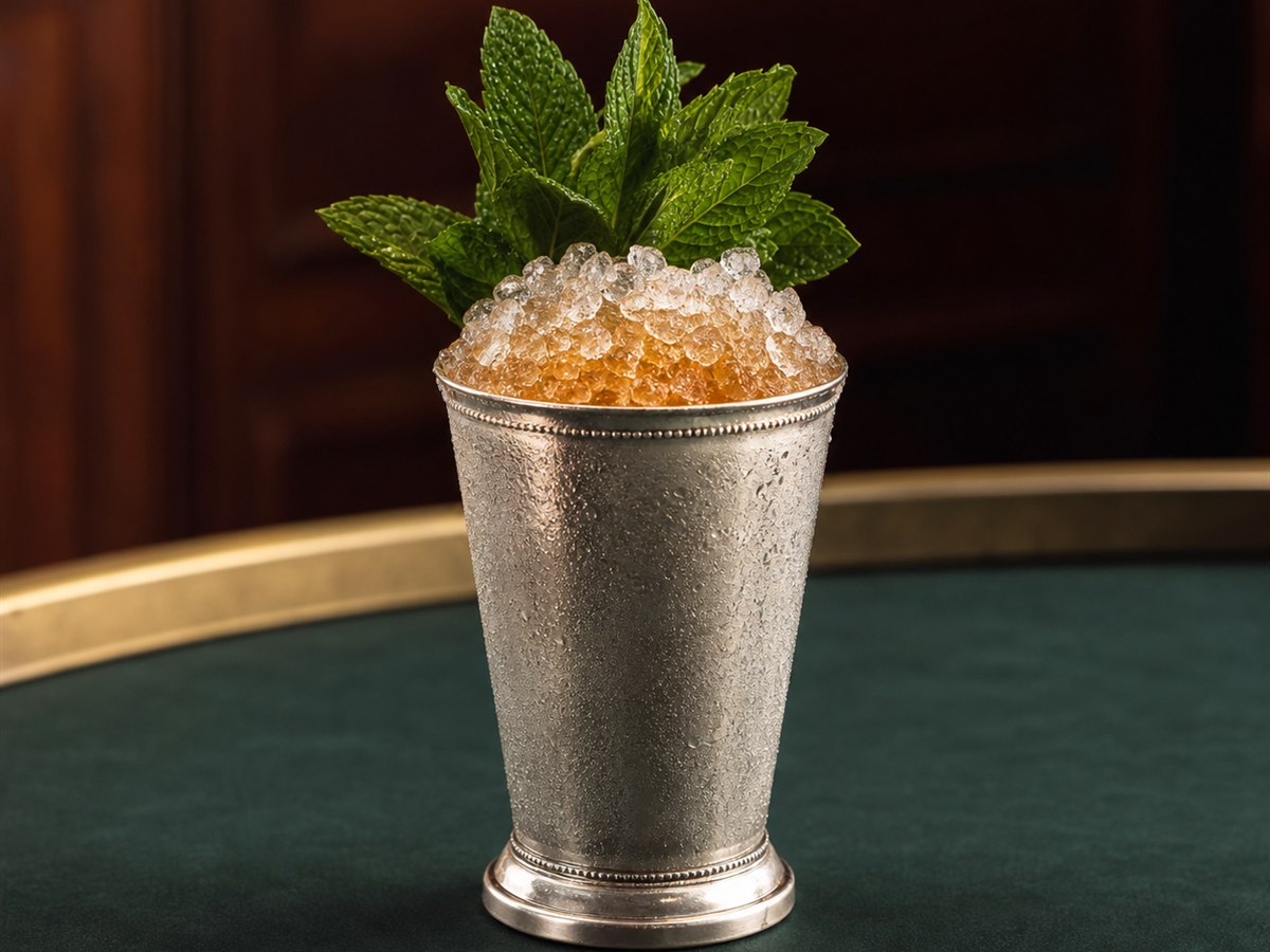 Mint Julep cocktail served in a julep cup with mint bouquet