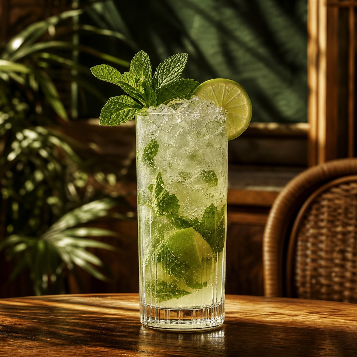 Mojito cocktail served in a highball glass with mint bouquet and lime