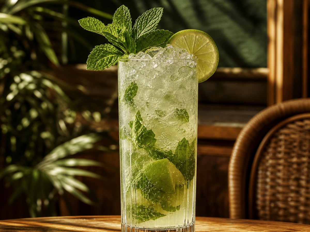 Mojito cocktail served in a highball glass with mint bouquet and lime