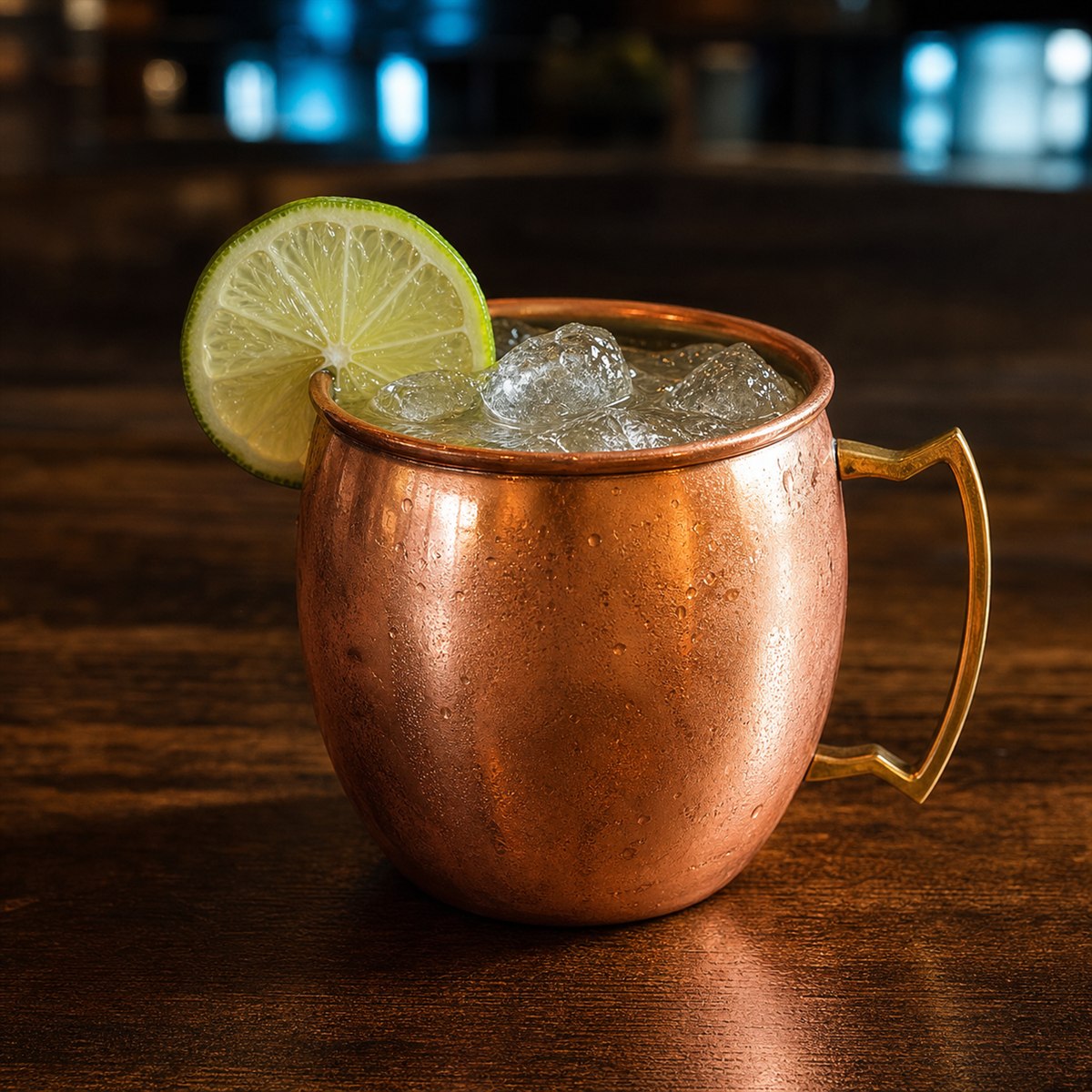 Moscow Mule cocktail served in a copper mug with lime wedge