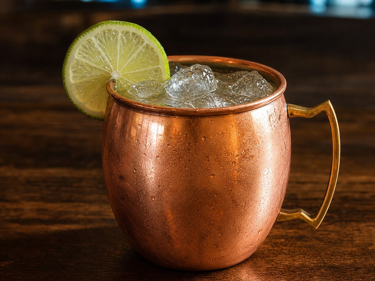 Moscow Mule cocktail served in a copper mug with lime wedge