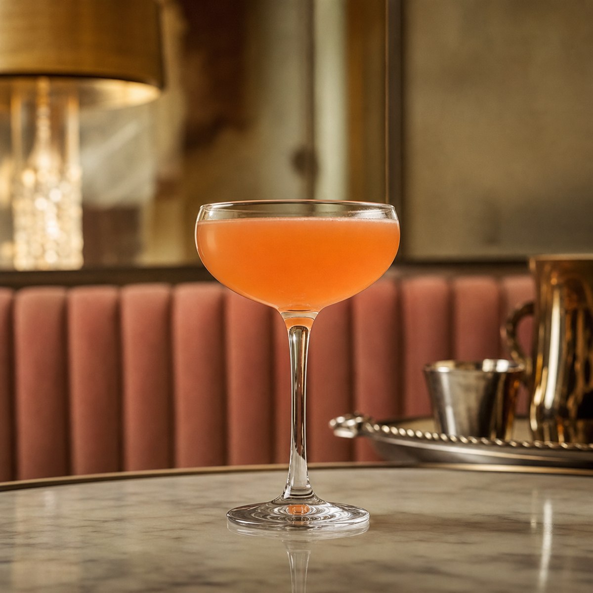 Naked and Famous cocktail served in a chilled coupe with none