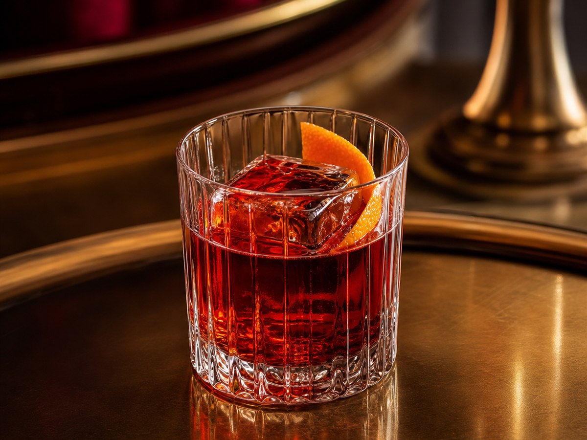 Negroni cocktail served in a rocks glass with expressed orange peel