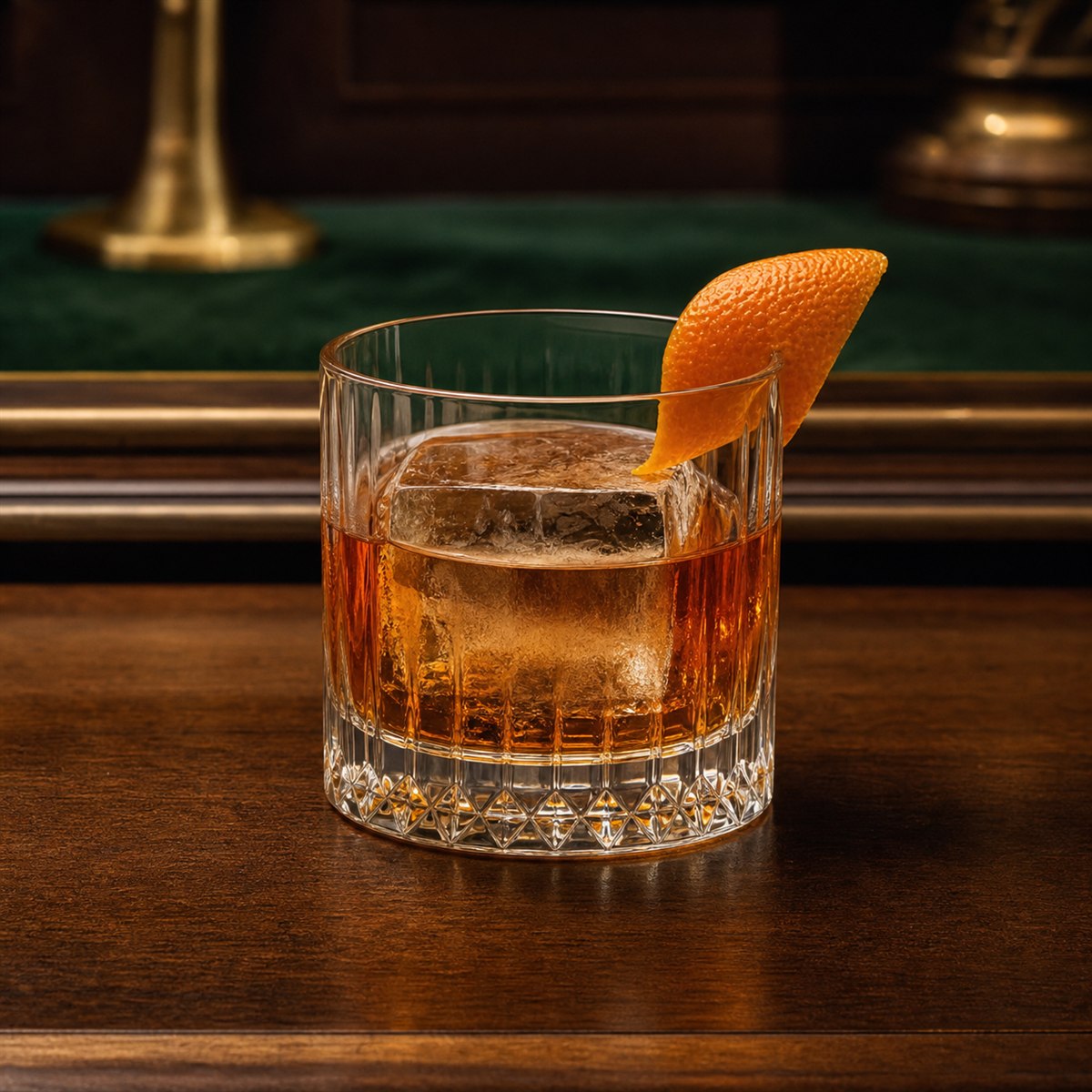 Old Fashioned cocktail served in a rocks glass with expressed orange twist