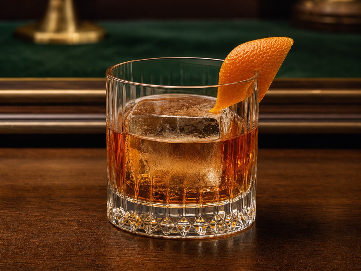 Old Fashioned cocktail served in a rocks glass with expressed orange twist