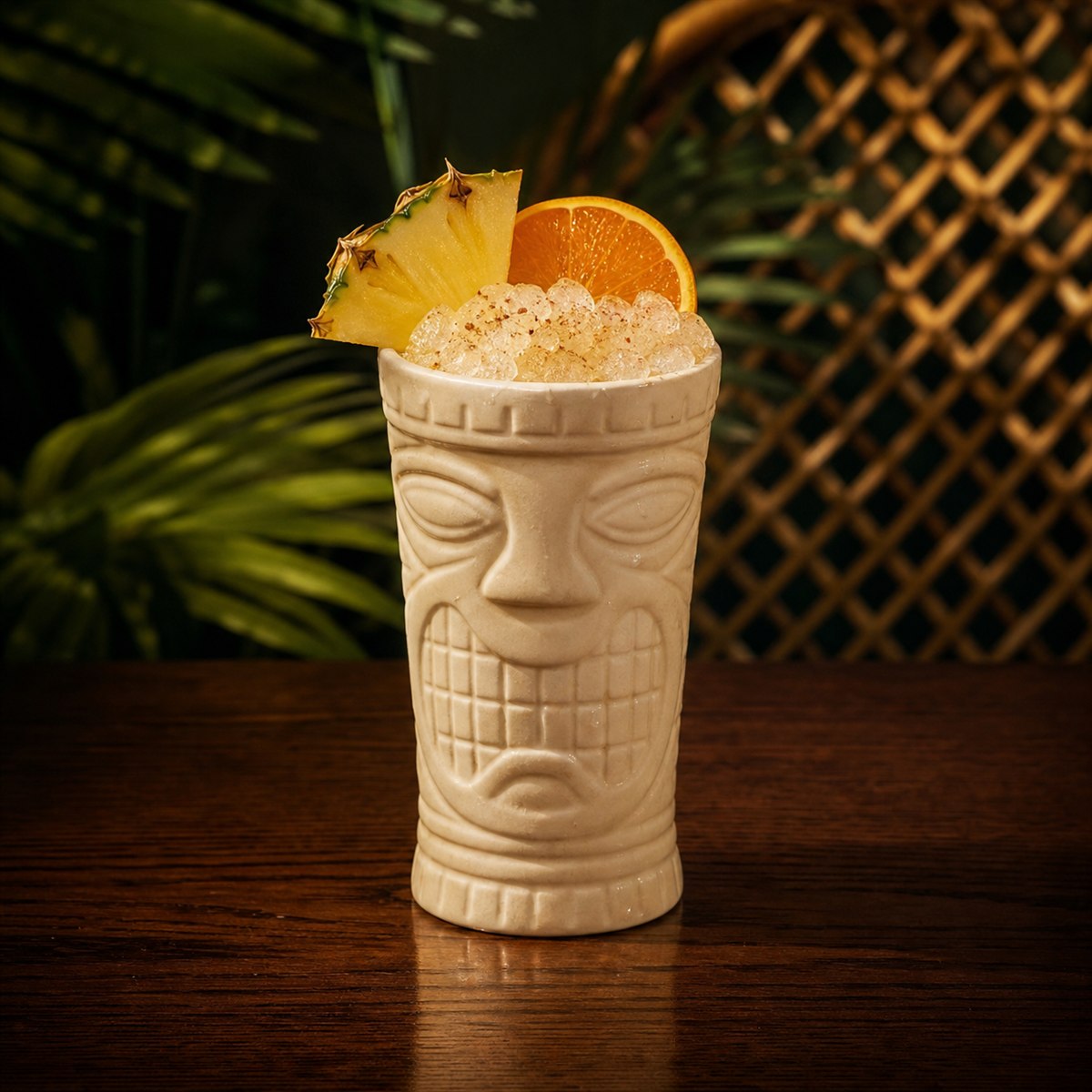 Painkiller cocktail served in a tiki mug with freshly grated nutmeg, orange, and pineapple