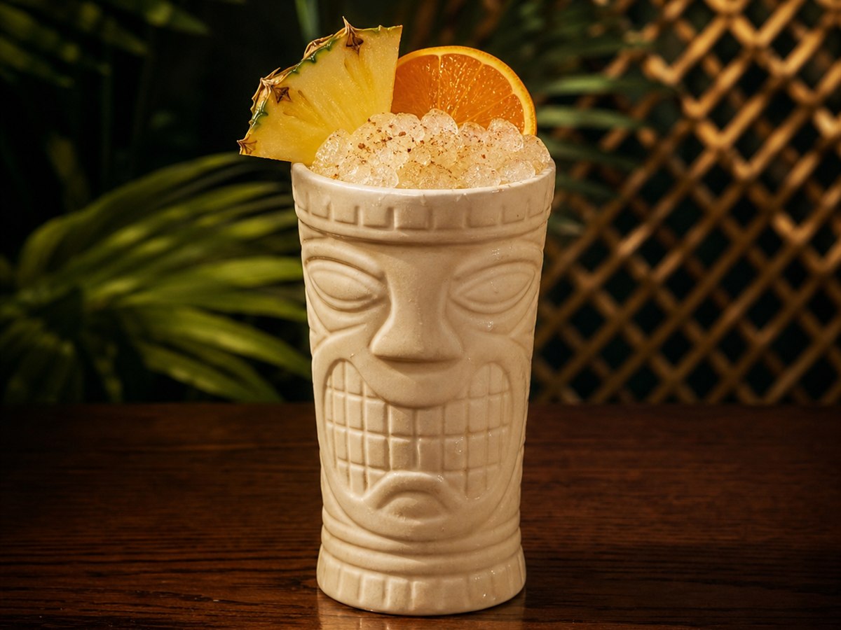 Painkiller cocktail served in a tiki mug with freshly grated nutmeg, orange, and pineapple