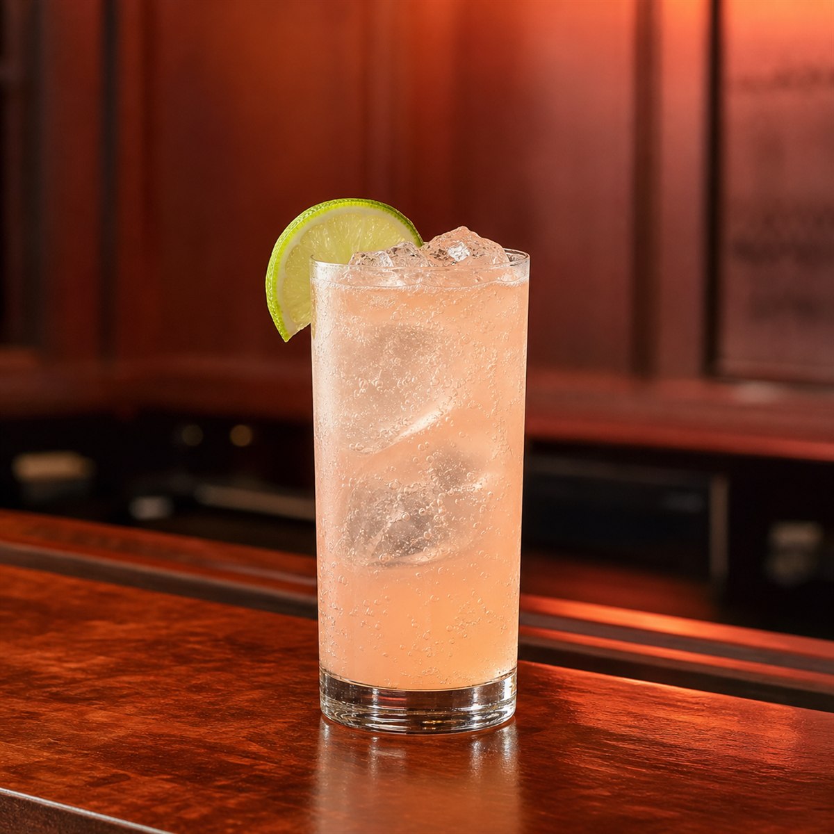 Paloma cocktail served in a highball glass with lime wedge