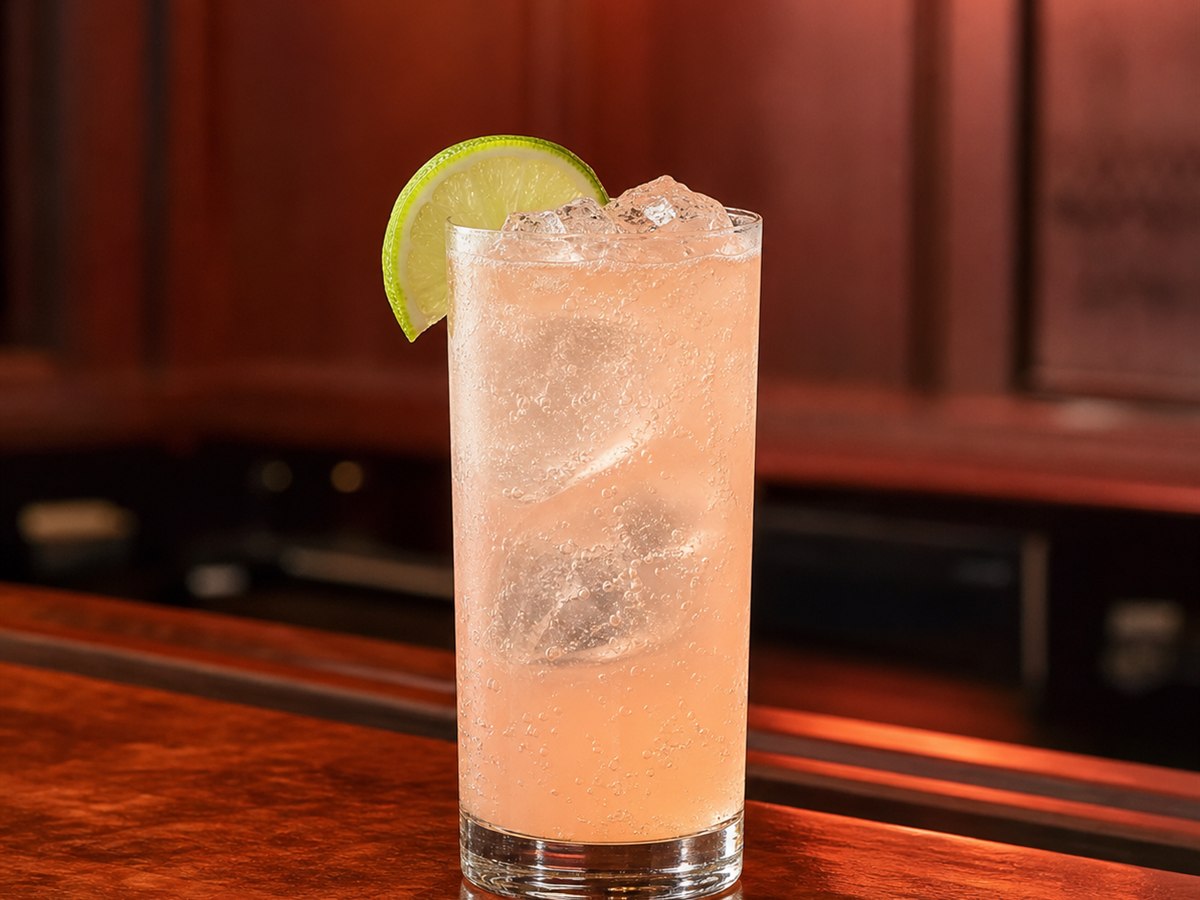 Paloma cocktail served in a highball glass with lime wedge