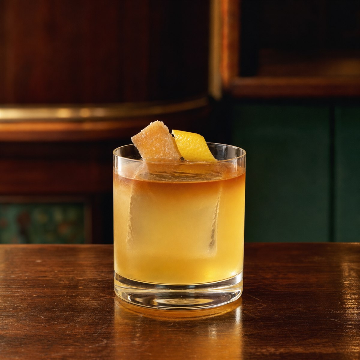 Penicillin cocktail served in a rocks glass with candied ginger or lemon