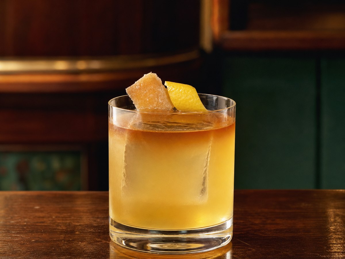 Penicillin cocktail served in a rocks glass with candied ginger or lemon