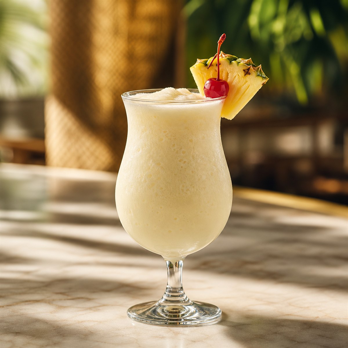 Piña Colada cocktail served in a hurricane glass with pineapple wedge and cherry
