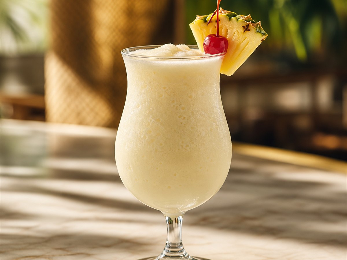 Piña Colada cocktail served in a hurricane glass with pineapple wedge and cherry