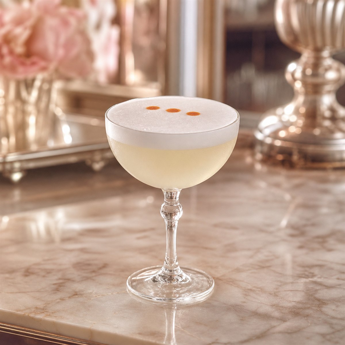 Pisco Sour cocktail served in a chilled coupe with aromatic bitters