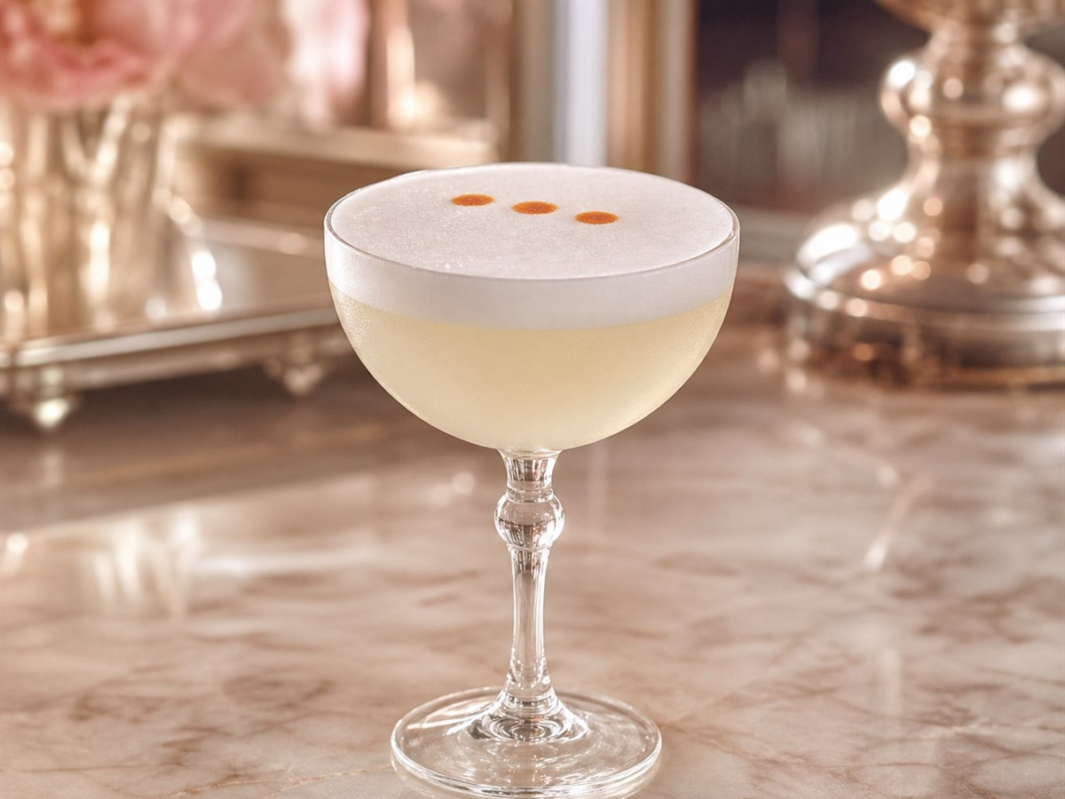 Pisco Sour cocktail served in a chilled coupe with aromatic bitters