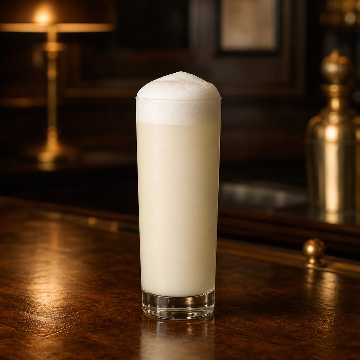 Ramos Gin Fizz cocktail served in a collins glass with foam crown