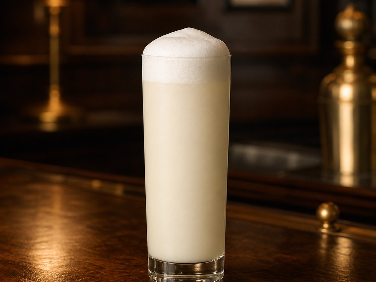 Ramos Gin Fizz cocktail served in a collins glass with foam crown