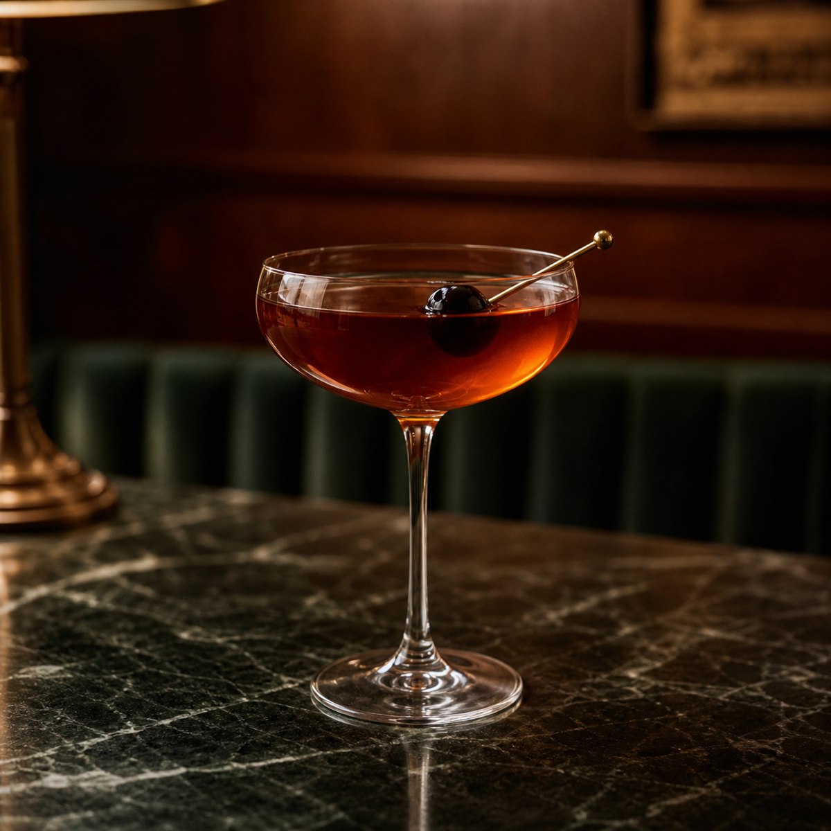 Rob Roy cocktail served in a chilled coupe with cherry or lemon twist