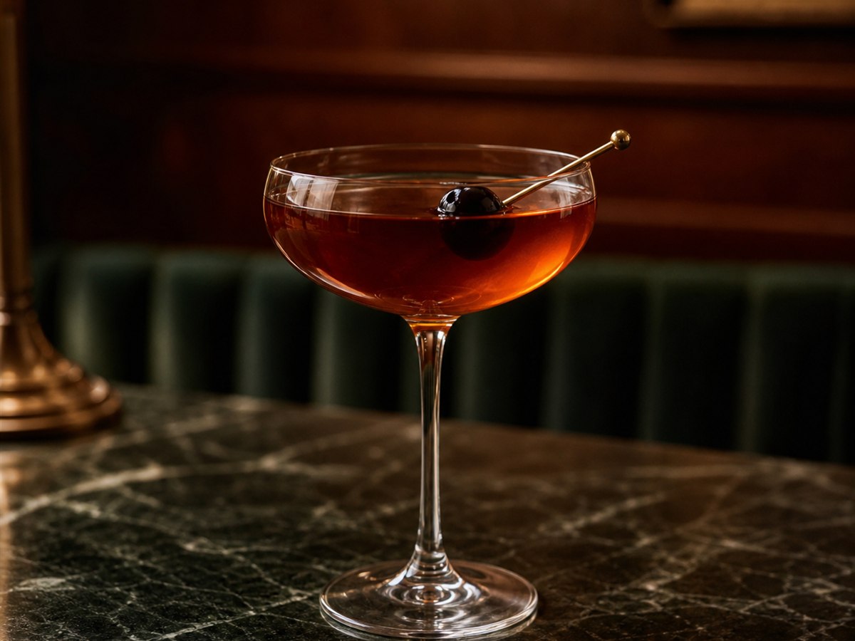 Rob Roy cocktail served in a chilled coupe with cherry or lemon twist