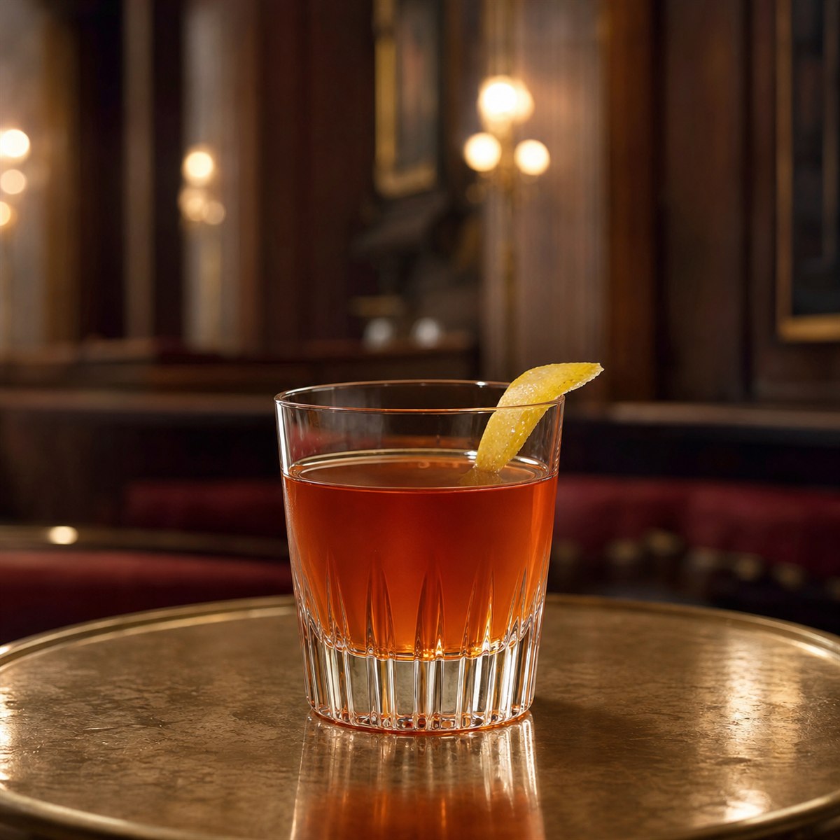 Sazerac cocktail served in a chilled rocks glass with expressed lemon peel