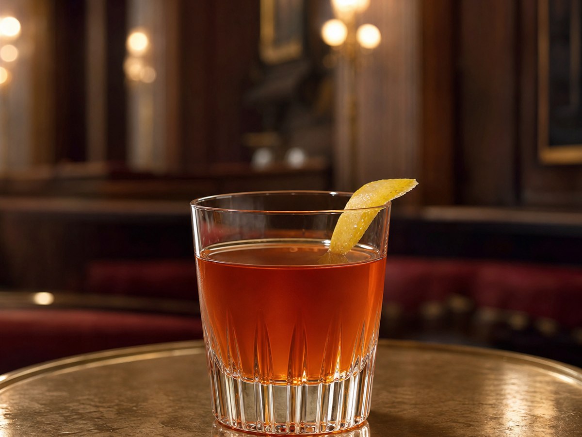 Sazerac cocktail served in a chilled rocks glass with expressed lemon peel