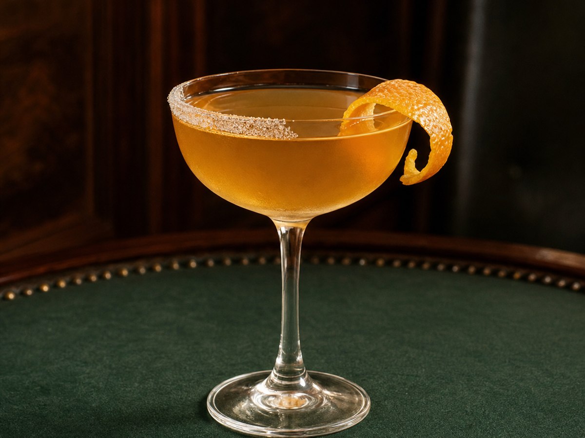 Sidecar cocktail served in a chilled coupe with orange or lemon twist