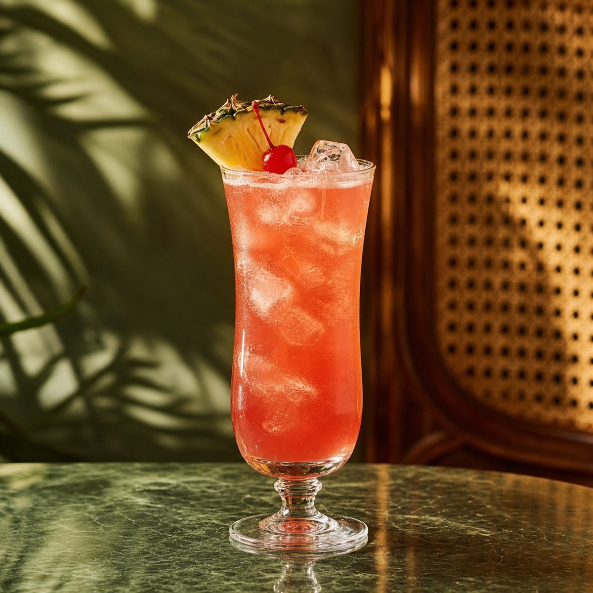 Singapore Sling cocktail served in a tall glass with pineapple and cherry