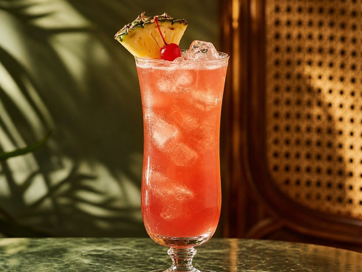 Singapore Sling cocktail served in a tall glass with pineapple and cherry