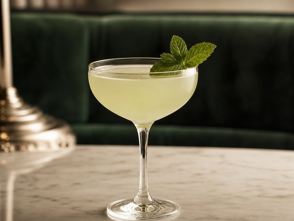 Southside cocktail served in a chilled coupe with mint sprig