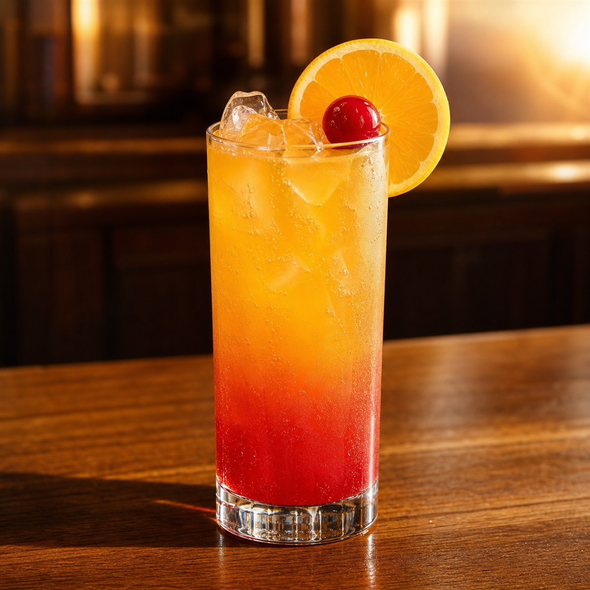 Tequila Sunrise cocktail served in a highball glass with orange slice and cherry