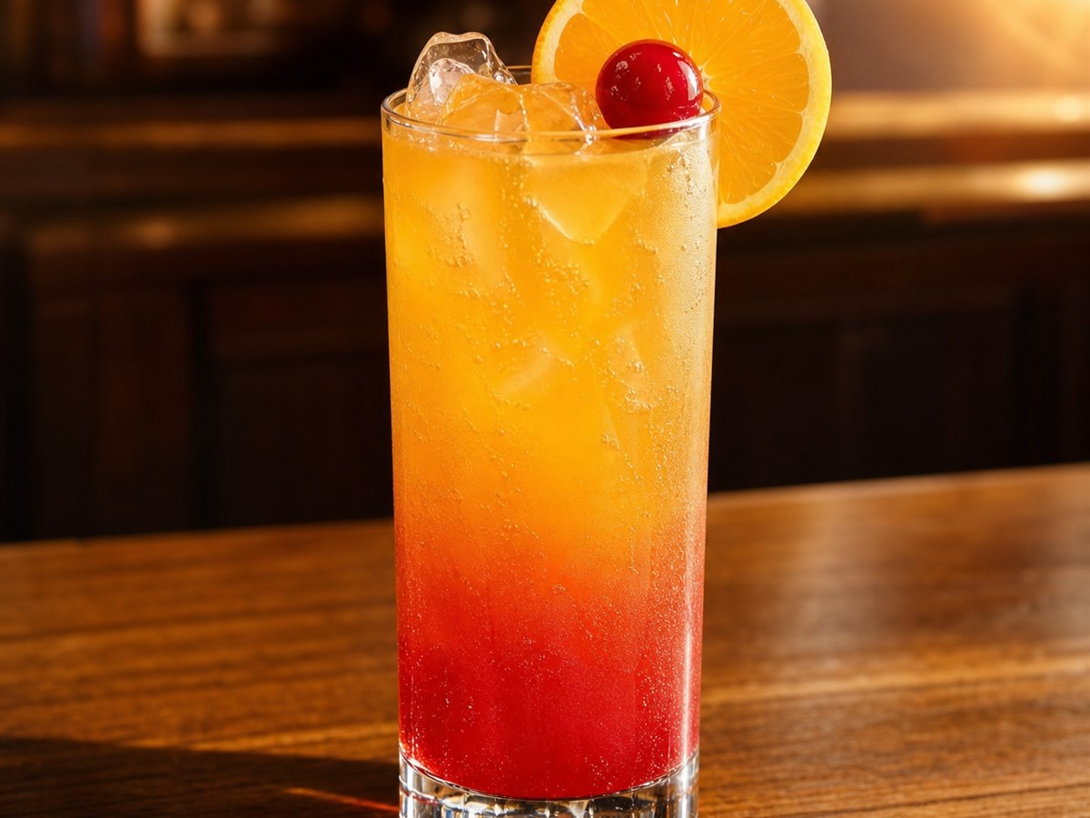 Tequila Sunrise cocktail served in a highball glass with orange slice and cherry