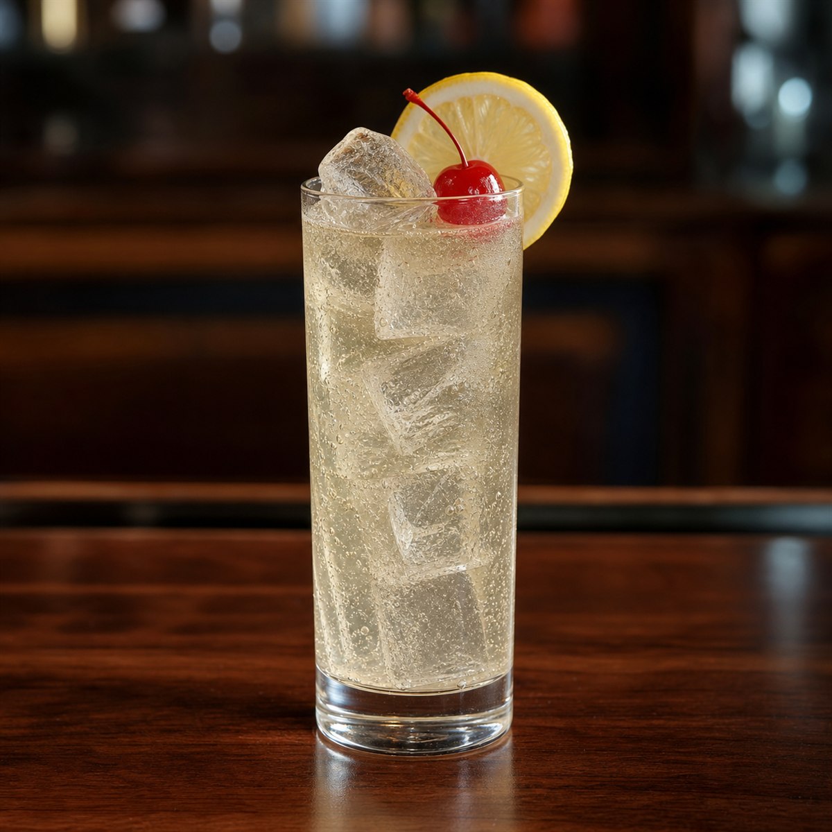 Tom Collins cocktail served in a collins glass with lemon wheel and cherry