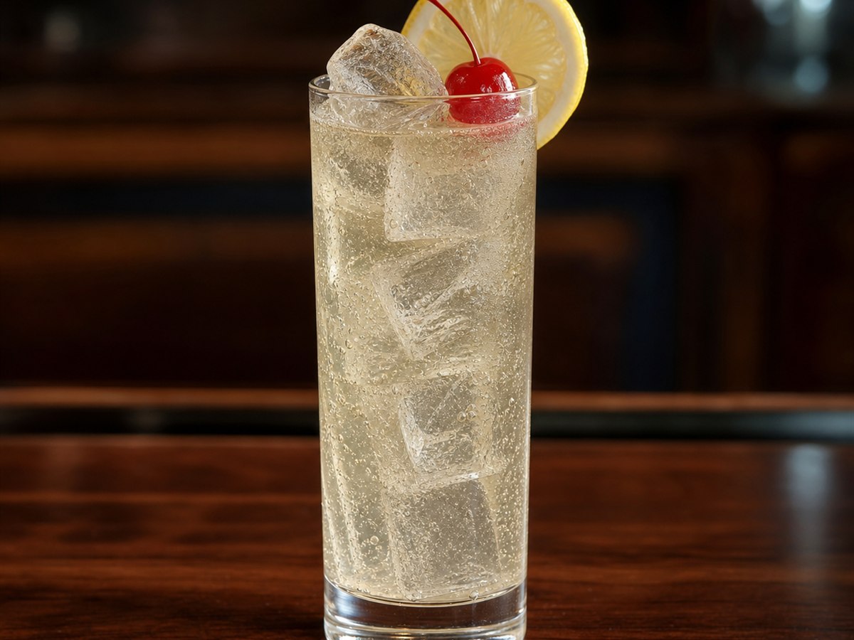 Tom Collins cocktail served in a collins glass with lemon wheel and cherry