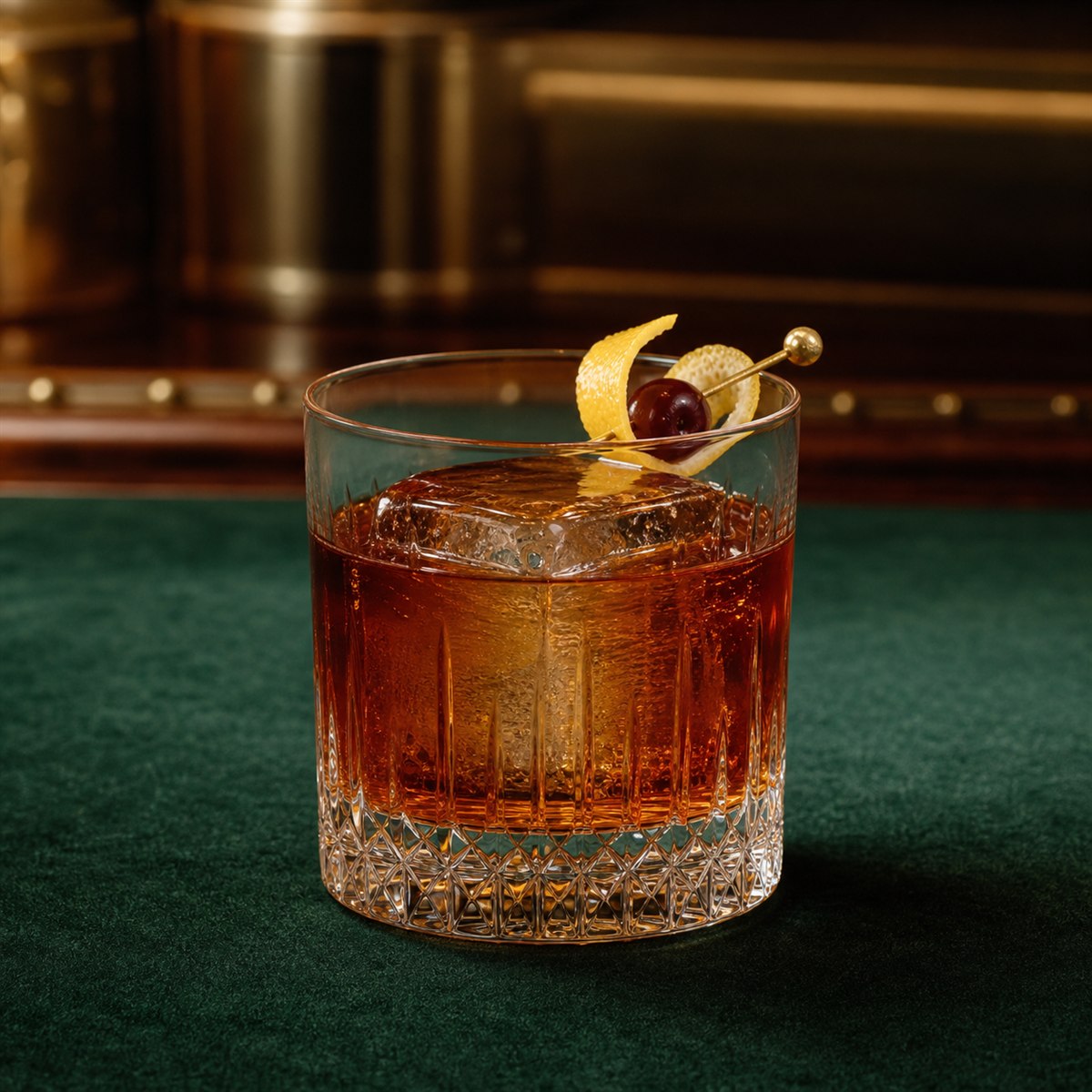 Vieux Carré cocktail served in a rocks glass with lemon twist or cherry