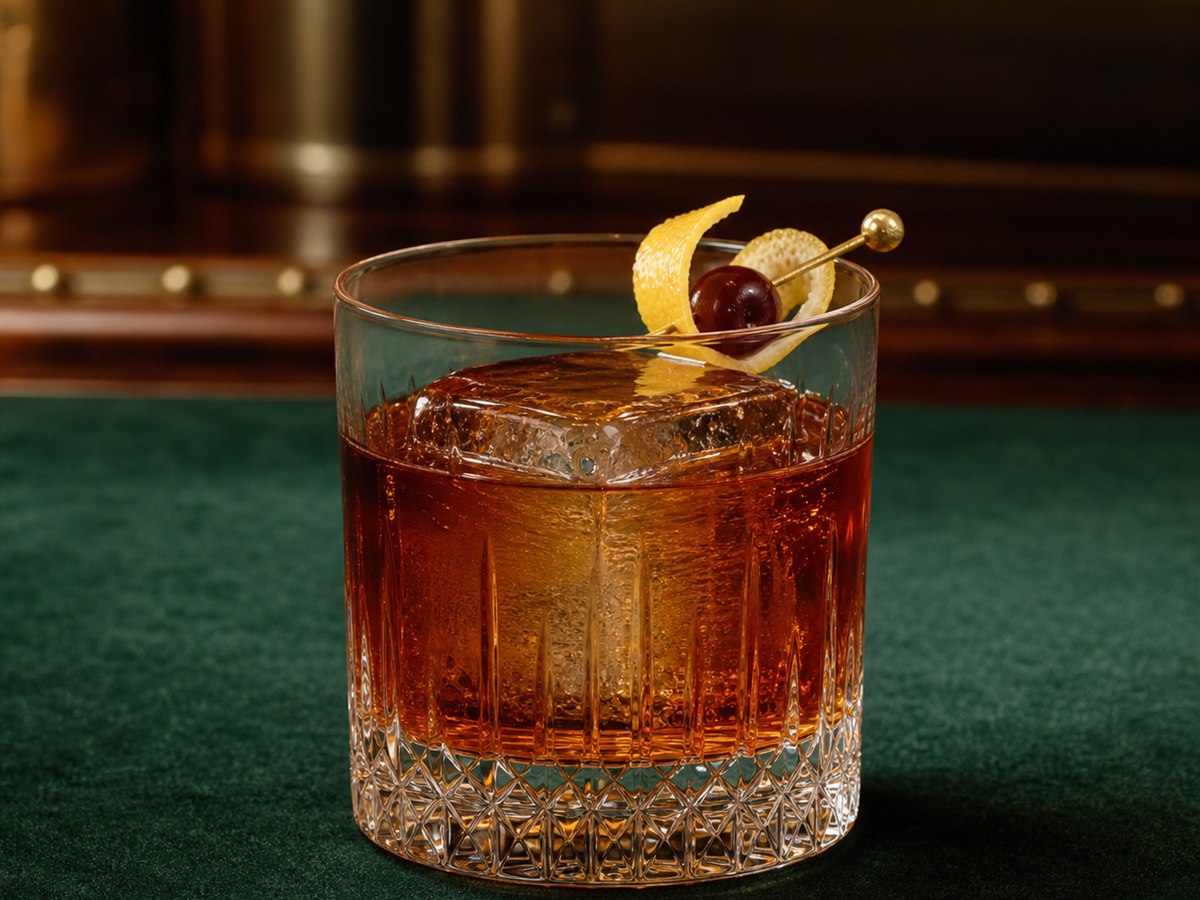 Vieux Carré cocktail served in a rocks glass with lemon twist or cherry