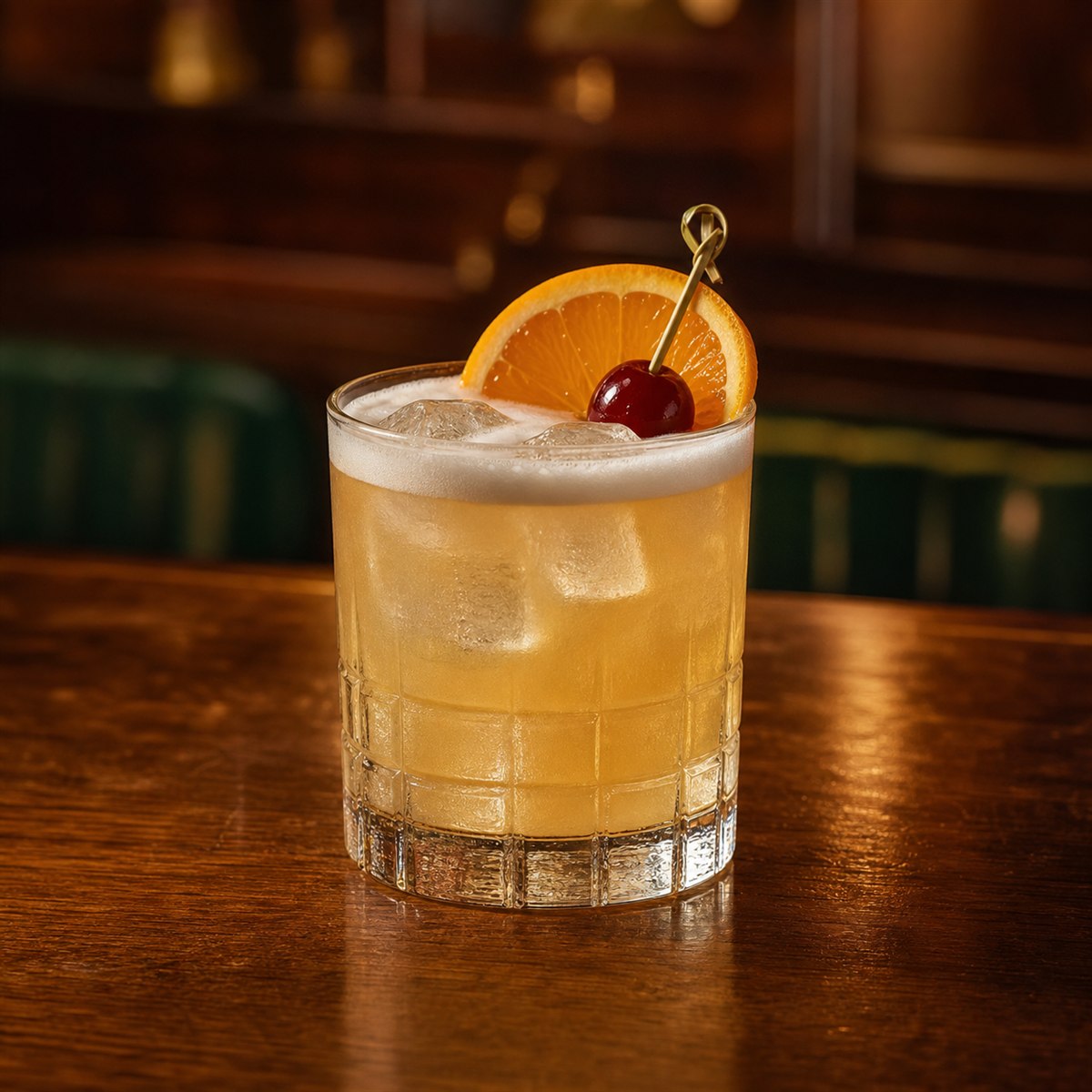 Whiskey Sour cocktail served in a rocks glass with orange slice and cocktail cherry