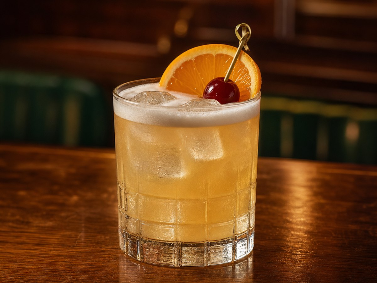 Whiskey Sour cocktail served in a rocks glass with orange slice and cocktail cherry