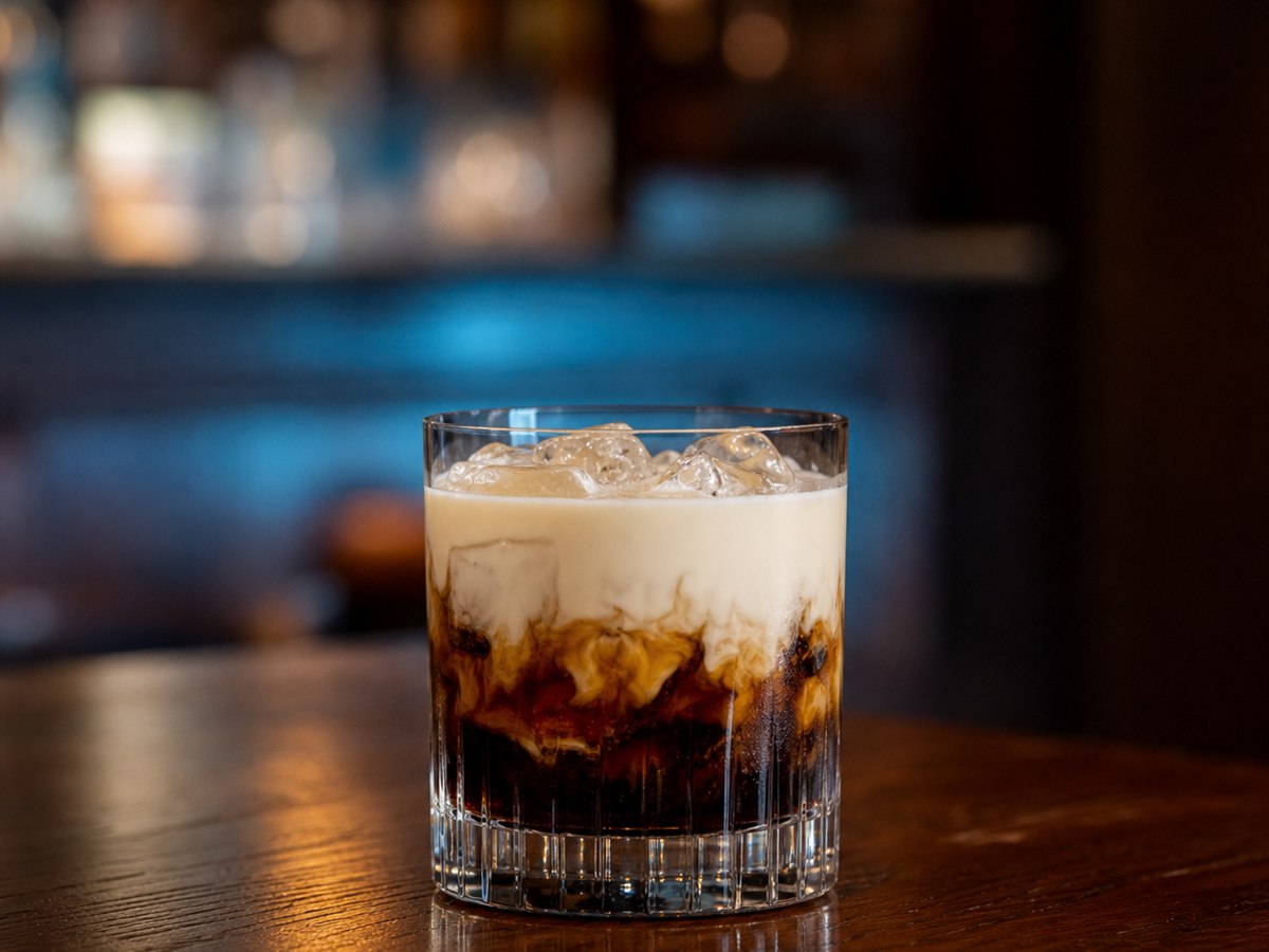 White Russian cocktail served in a rocks glass with none