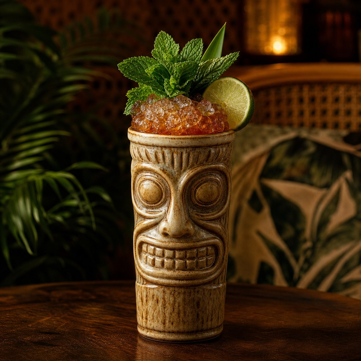 Zombie cocktail served in a tiki mug with mint and tropical fruit