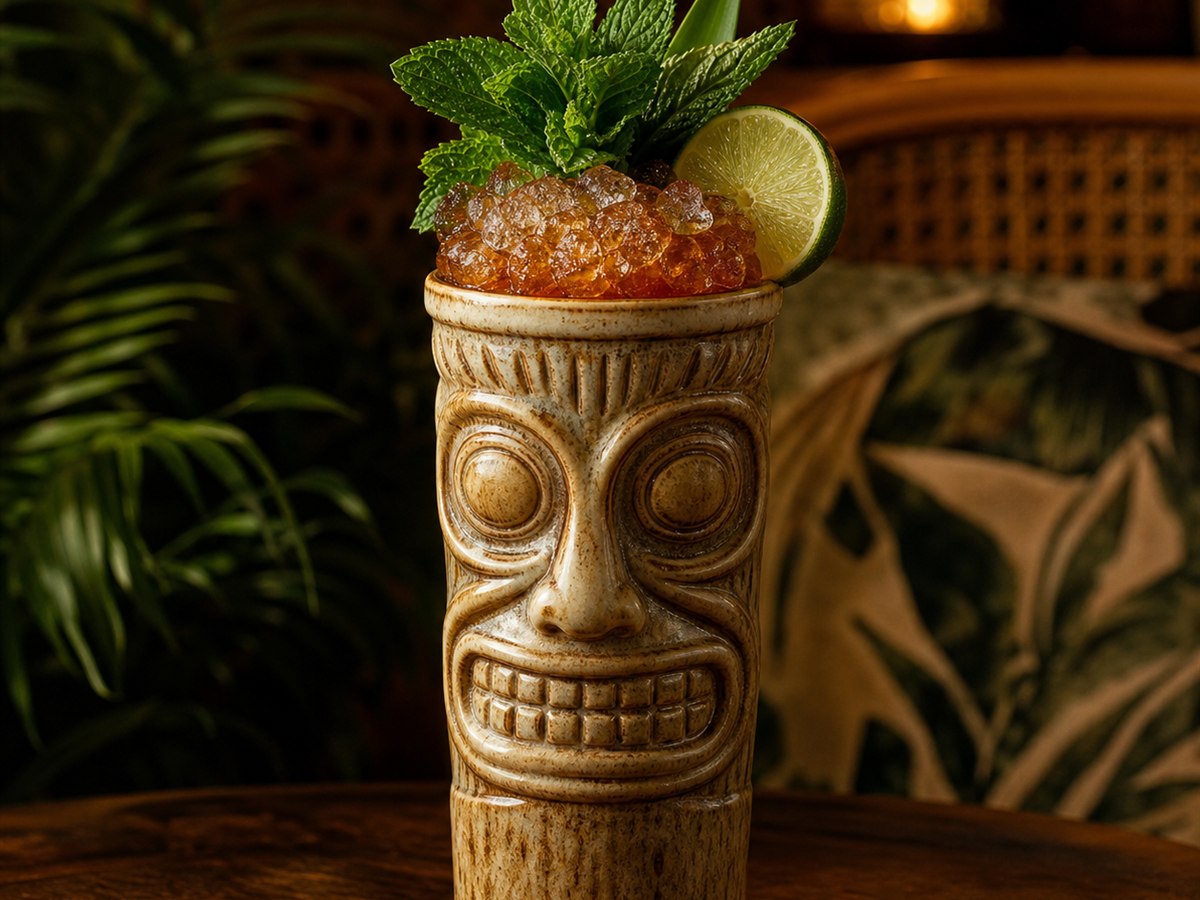 Zombie cocktail served in a tiki mug with mint and tropical fruit